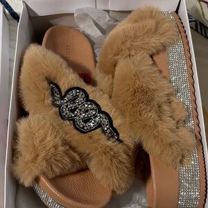 Tan Faux Fur Slide Sandals with Crystal Accent